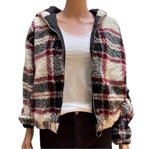 Bershka Plaid Teddy Jacket - Black, Maroon, Grey, Cream Size Small